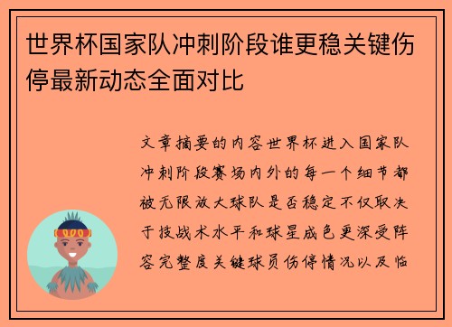 世界杯国家队冲刺阶段谁更稳关键伤停最新动态全面对比 世界杯国家队冲刺阶段谁更稳关键伤停最新动态全面对比